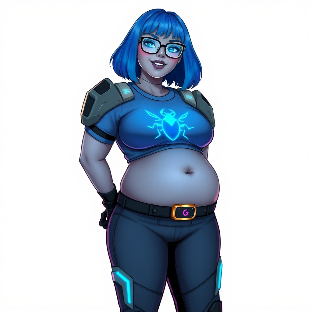 A 28-year-old, full-figured, middle gray skinned computer program hybrid with a maximum blue bob cut. She has a non-athletic build, highlighted by a prominent, round, large midsection (with heavy emphasis on her belly). As a digital sidekick, computer hacker, and nerdy girlfriend to her cyberpunk vigilante boyfriend, her middle gray metallic skin and maximum blue lipstick emphasize her digital nature. She wears a digital, computerized costume consisting of a gargantuan, tight-fitting, hi-tech, maximum blue t-shirt with a neon blue beetle glowing chest icon, hi-tech shoulder pads with neon blue accents, a black digital belt with a digital neon blue glowing buckle, black biker pants with neon blue glowing accents, and black hi-tech gloves with neon blue glowing accents. Her neon blue glowing eyes, black eyeglasses with a neon blue glowing HUD built in its lenses, and lovestruck smile with neon red blush accentuate her nerdiness. She stands bashfully with her hands behind her back, her costume covering all her skin and emphasizing her full-figured physique (especially her belly). She is clearly non-athletic, with a focus on her full-figured physique. Despite her build, she radiates beauty. She is on a solid white background. She is drawn as if she was in a retro 2D cyberpunk fighting game.