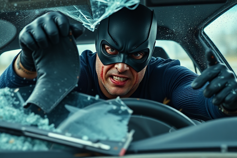 Realistic. Masked Superhero in car crash, propelled forward with tortured face as impact sends superhero violently over the steering wheel and out through the windshield of the car and over the hood of the car. Much blood and glass flying. Mask being torn from face by breaking windshield.