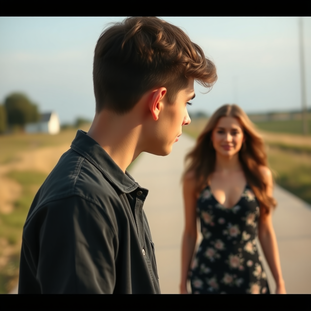 Picture of a young man who's crying while a beautiful woman walks away from him.