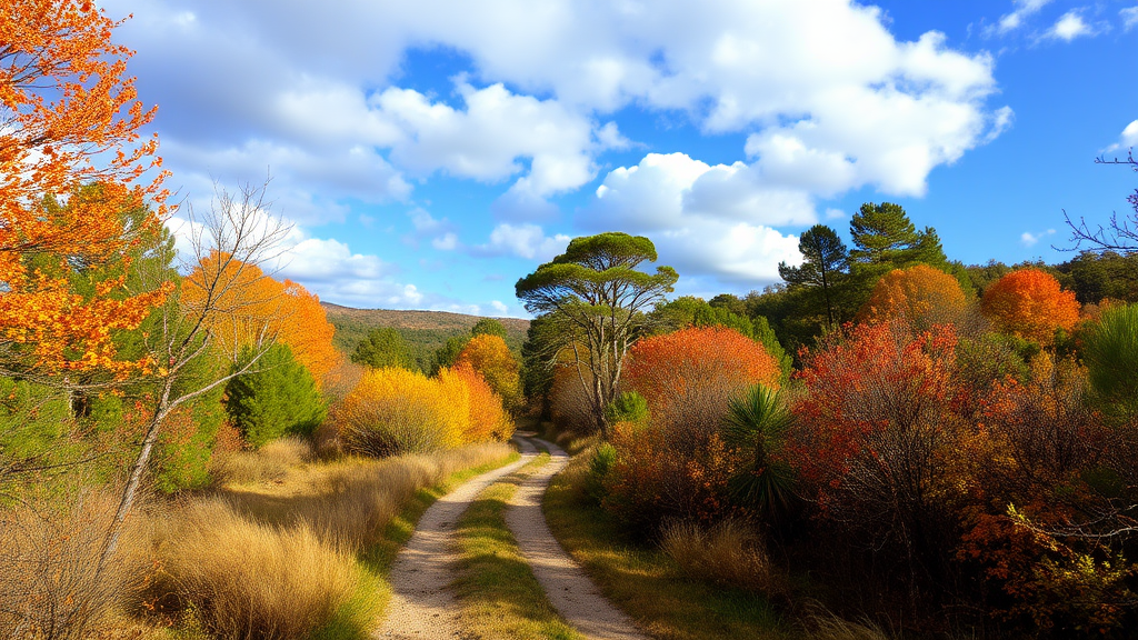 Autumn Forest with Mediterranean vegetation with a path, sky with clouds