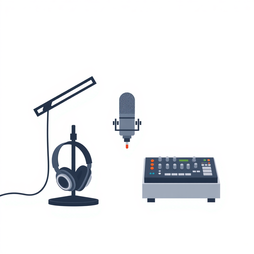 A minimalist, flat design illustration of a podcast setup. The image should include a microphone on a stand, headphones, and a sound mixer on a simple desk or tabletop. The background should be a plain, neutral color like white, gray, or light blue. The overall style should be clean, modern, and visually appealing as a generic stock image for podcasting.