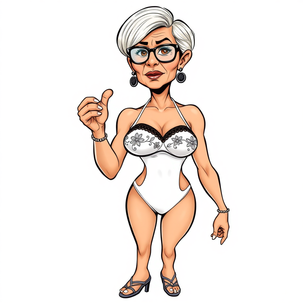 a towering 55 Years old, fit, slim, European, Latina, sharp aquiline nose, wrinkles, high cheekbones, Middle Eastern, Skinny, Tanned skin, Dark light skin, Rounded Medium breasts, Skinny thighs, full Makeup, jewelry, Serious face, Sharp nose, Ash hair, short bowl haircut, Brown eye color, Glasses, with detailed features. she is wearing embroidered black mesh balconette bras and a tight white high cut 1980s mesh cut out swimsuit, detailed fabric.  full body, high heels sandals, she is gesturing at the viewer, sweating, 
long establishing shot, 2D, caricature, cartoon, Sketch lines, coloring book, nlack and white, coloring book style on white background, well composed, clean coloring book page, No dither, no gradient, strong outline, No fill, No solids, vector illustration, realistic proportions