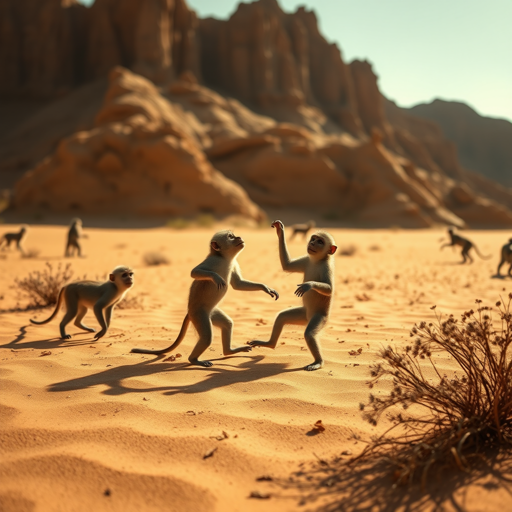 Monkeys are dancing in the desert.