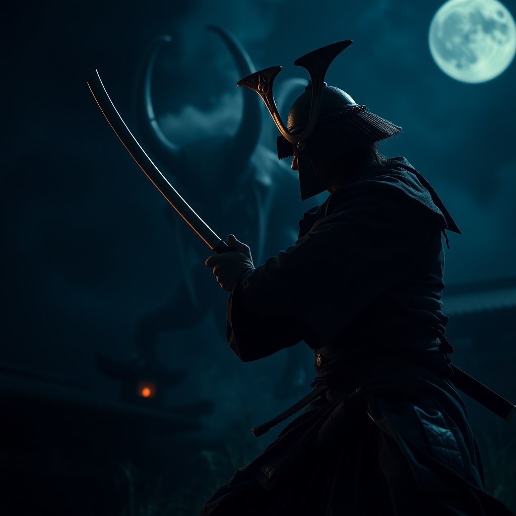 cinematic film still of A samurai with a katana attacks a demon in the dark night.