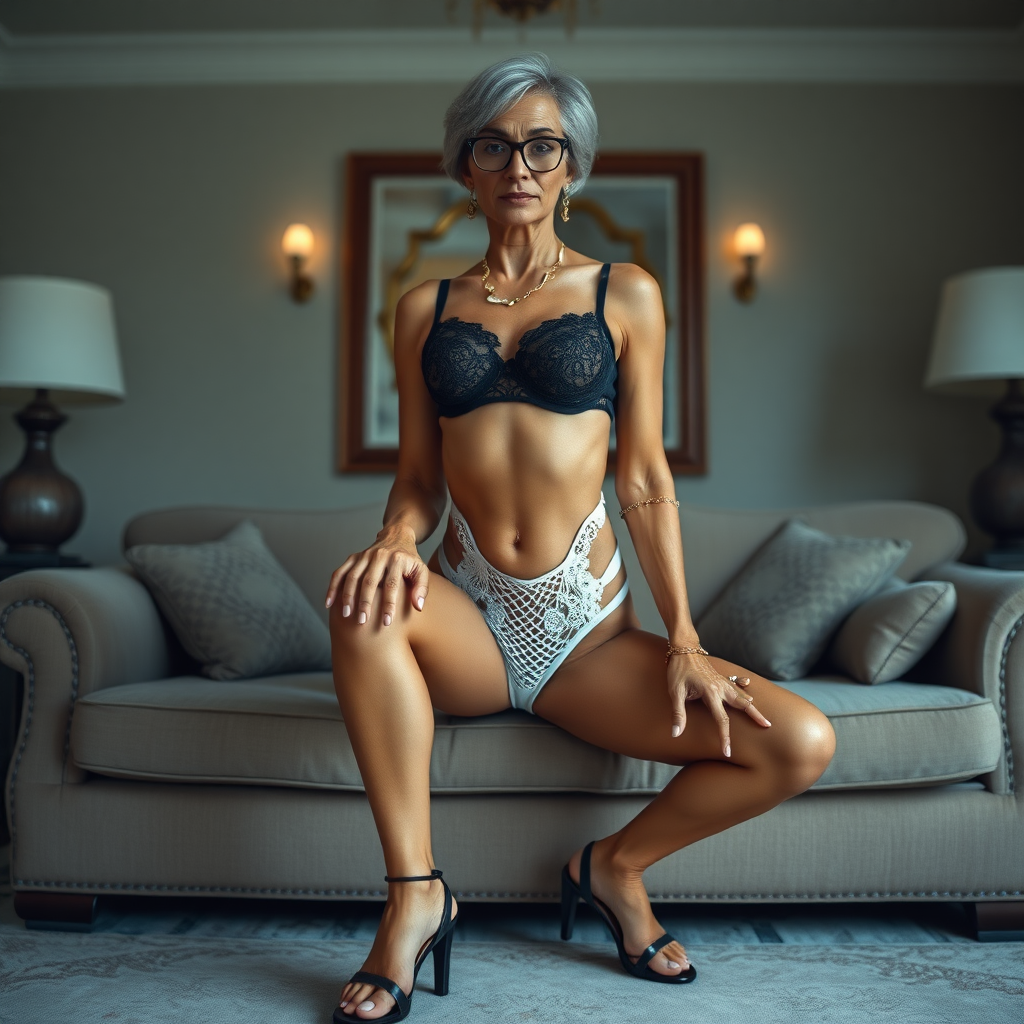 a towering 55 years old, fit, slim, European, Latina, sharp aquiline nose, wrinkles, high cheekbones, Middle Eastern, skinny, tanned skin, dark light skin, rounded medium breasts, skinny thighs, full makeup, jewelry, serious face, sharp nose, ash hair, short bowl haircut, brown eye color, glasses, with detailed features. She is wearing embroidered black mesh balconette bras and a tight white high cut 1980s mesh cut out swimsuit, detailed fabric. Full body, high heels sandals, ordering the viewer to join her on a couch, sweating, long establishing shot,