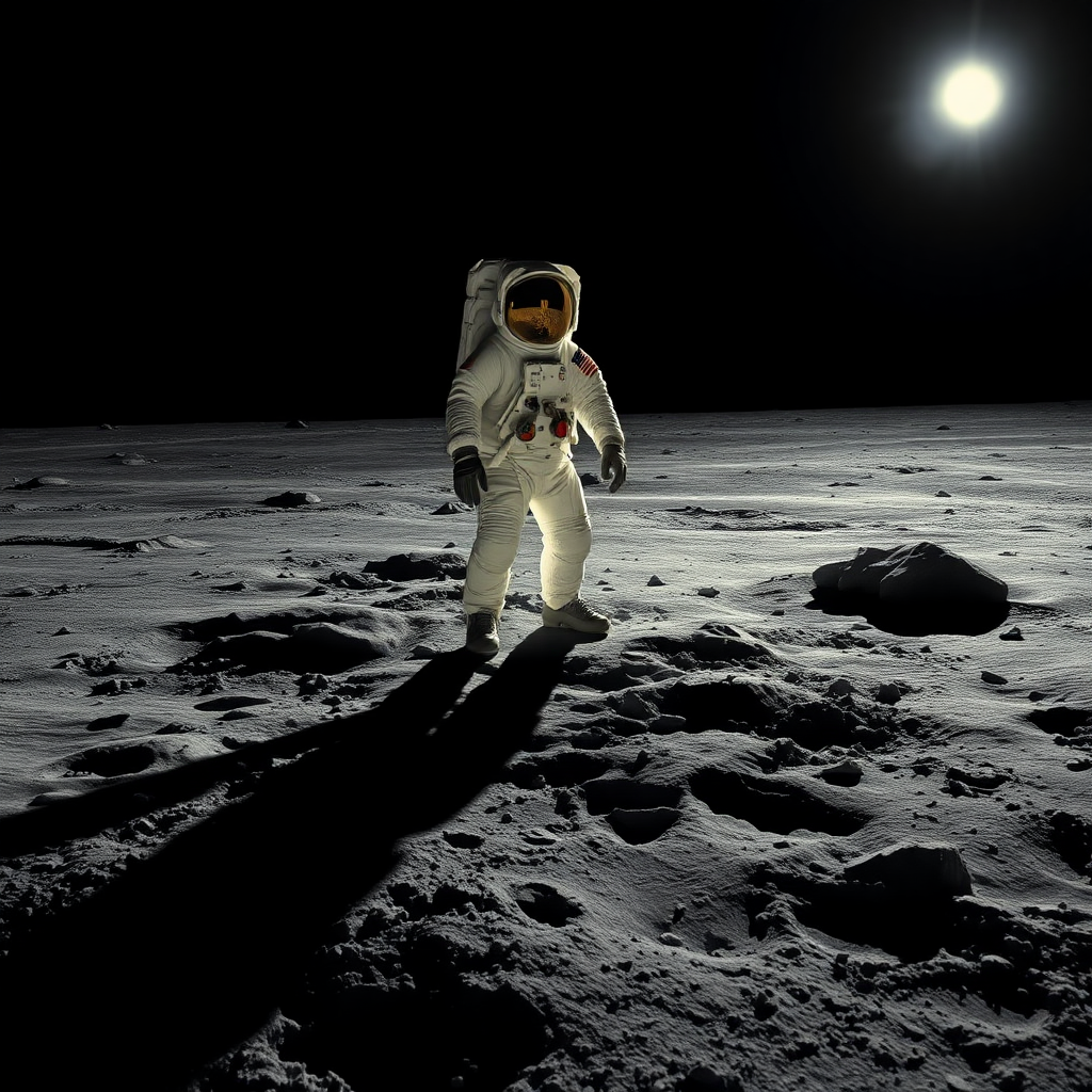 Astronaut standing on the moon's surface under a stark black sky, the scene evokes a hyper-realistic aesthetic. The textured gray lunar soil is scattered with footprints, showcasing a sense of exploration and isolation. The astronaut's suit is detailed, featuring the American flag and various tools attached to the suit, reflecting the sun's light in a luminous, metallic sheen. Deep shadows elongate across the surface, creating dramatic contrasts with the bright highlights of the suit and surrounding dust. Surrounding features include scattered rocks and a distant horizon, enhancing the otherworldly atmosphere. Overall, the color palette comprises muted grays, blacks, and subtle highlights of white and gold, emphasizing the desolation and beauty of the lunar landscape.