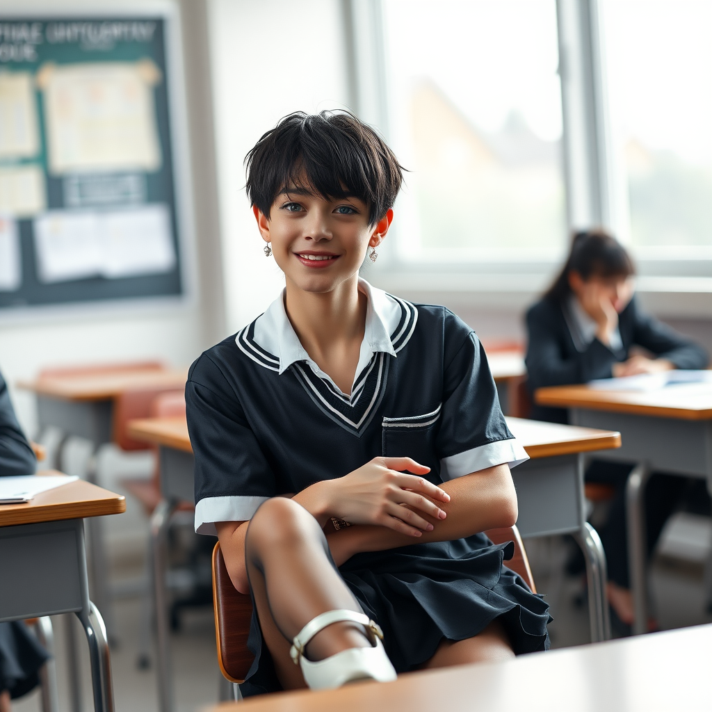 photorealistic, ultra high resolution, 16K, surreal fantasy, soft studio lighting, a pretty 16 year old goth male, slim male physique, short dark hair, blue eyes, goth makeup, earrings, sheer pantyhose, UK girls-school uniform, Mary-Jane shoes, sitting in the classroom, excited smile, facing the camera.