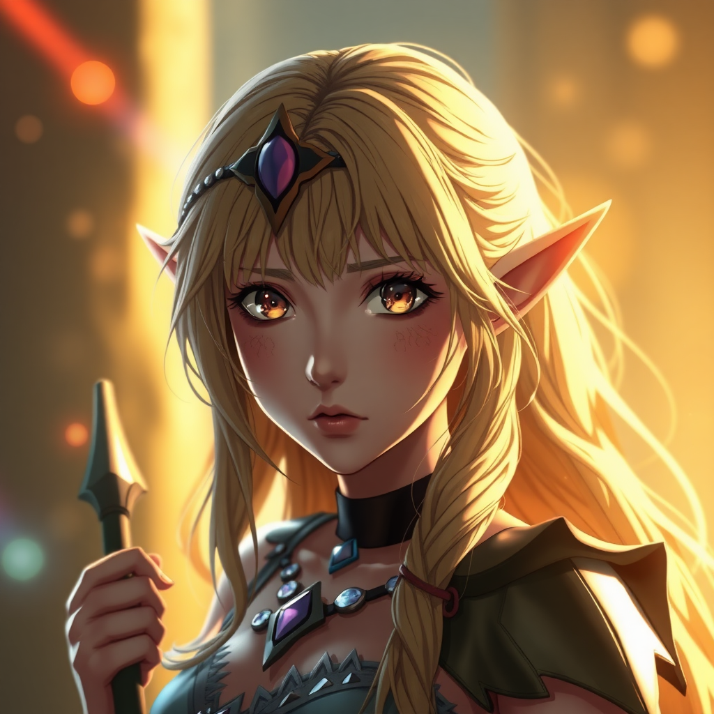 An elf girl like Deedlit from Record of Lodoss War, an anime character come to life. Hyper-realistic, film grain, lens flare, chromatic aberration.