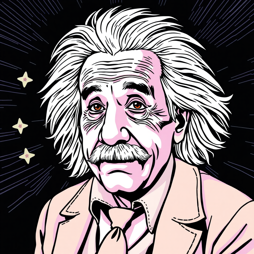 vector image of Albert Einstein, coloring book, detailed features, establishing shot, vector illustration, movement lines