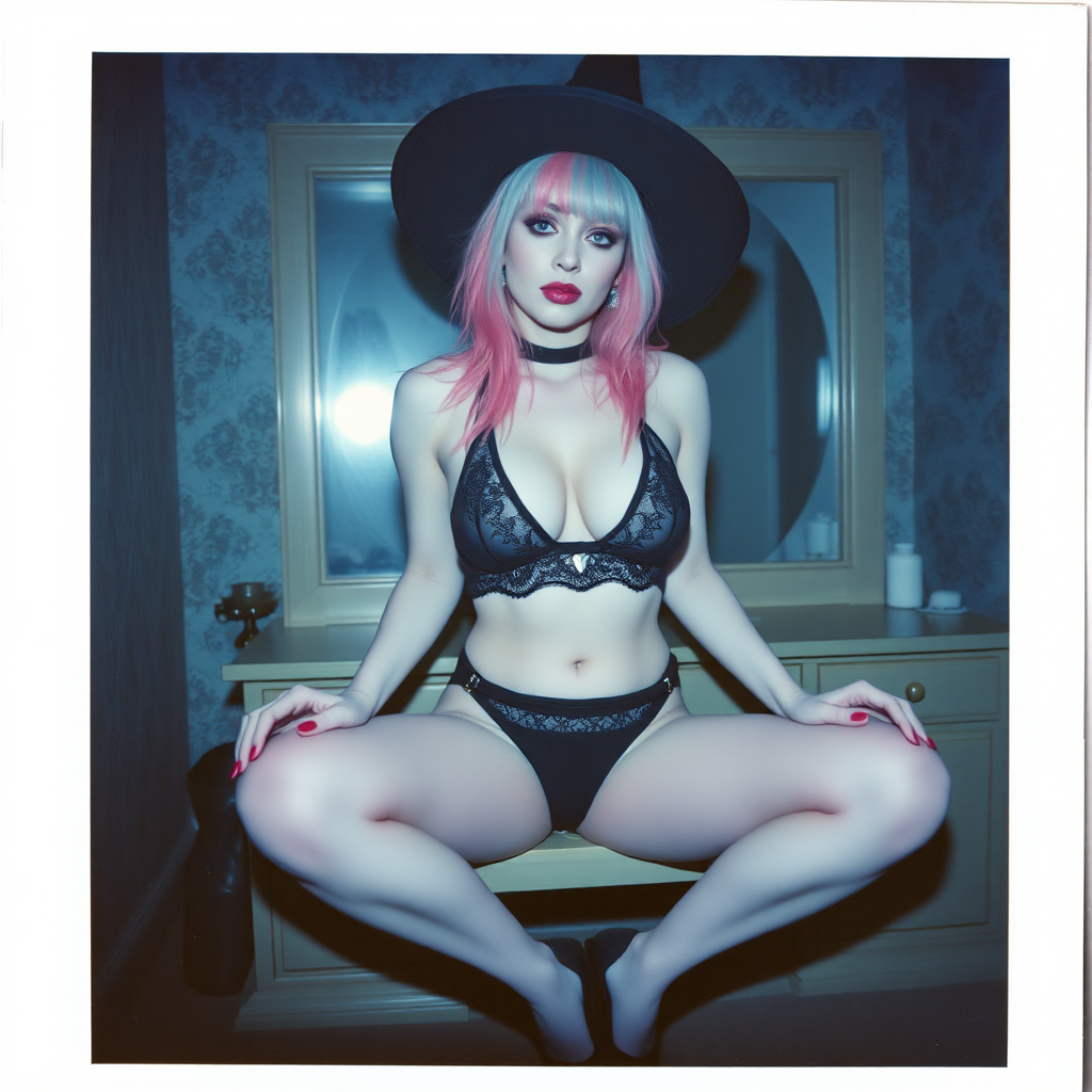 scan of an old polaroid photo with heavy dark vignetting and a blue color tint to the photograph and visible light leaks. The photo depicts a sexy alt goth woman with pale skin and brightly colored dyed hair. She has large breasts with ample cleavage and is wearing a tiny revealing bikini bra with triangle shaped cups. She is wearing a witch hat. The image looks hazy and grungy. She is in an old house with wallpaper on the walls. Dark lighting with camera flash used. Candid. she is wearing a tiny revealing lace thong and thigh high stockings. She is sitting on a builtin vanity with a mirror with her knees spread apart. She is wearing black high heels. She has skin texture and visible pores and imperfections.