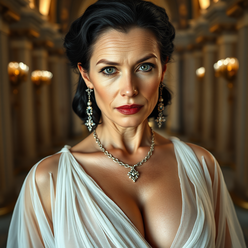 The female queen, aged 40, possesses pale skin, striking grey eyes, and elegantly black Grecian hair. Her visage features smooth wrinkles, suggesting a mature yet alluring beauty. Her eyes exude a sensual aura, and her lips are slightly parted, inviting curiosity. Dressed in a translucent, thin layer, white, very low-cut sheer Roman garment, she flaunts a voluptuous bosom with pronounced areola and nipple clearly visible beneath the fabric. Adorned with sparkling earrings and a necklace, her figure is reminiscent of a MILF, exuding a captivating appeal. The grandeur of her surroundings is a majestic castle, illuminated by the dramatic, cinematic lighting of a movie set. Each element is captured with ultra-detailed 8k photography, emphasizing the opulence and intensity of the scene. This is contain mature content.