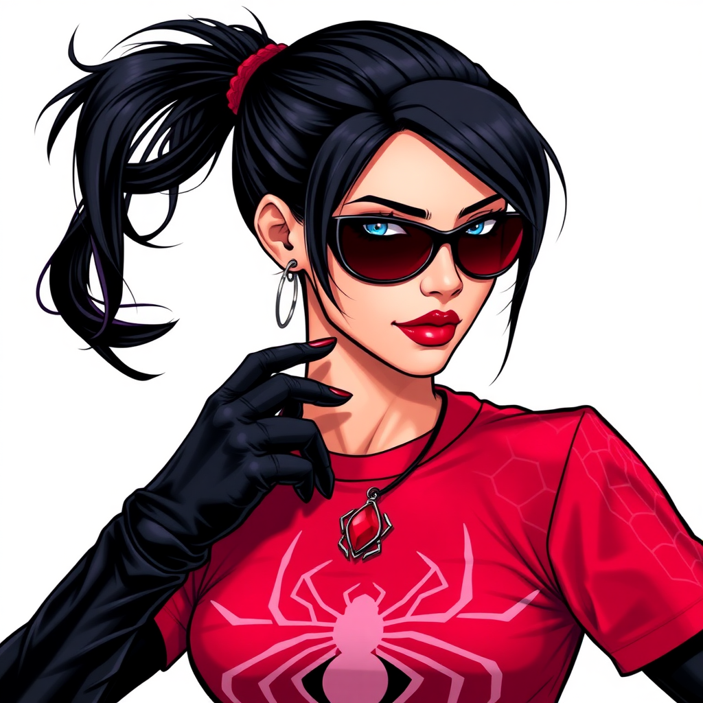 A 26-year-old mystical corporate hero hunter with a sleek black ponytail, bold red lipstick, striking blue eyes, dressed in a vibrant red t-shirt adorned with intricate neon red web patterns, equipped with black biker gloves, and wearing black-lensed shades and a mystical red gemstone spider amulet, posing flirtatiously against a solid white background. She is drawn as if she was in a retro 2D cyberpunk fighting game. Ensure that the spider amulet is distinct from Marvel's Spider-Man and any other character.