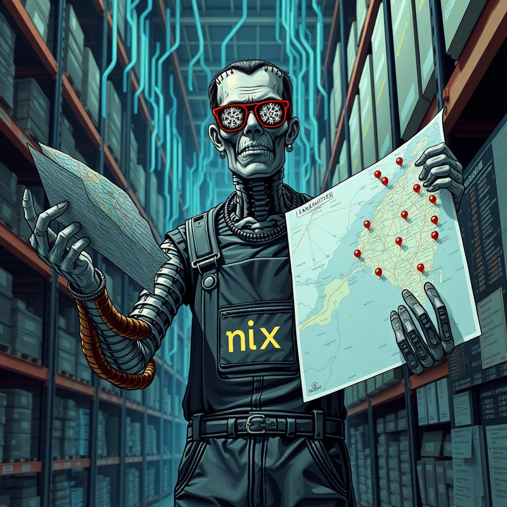 a cyberpunk frankenstein holding a big map in one hand and reaching for marker pins on a high board in a data warehouse, his arms are pythons. In the background are streams of data. His Overall reads "nix". He wears glasses in shape of snowflakes.