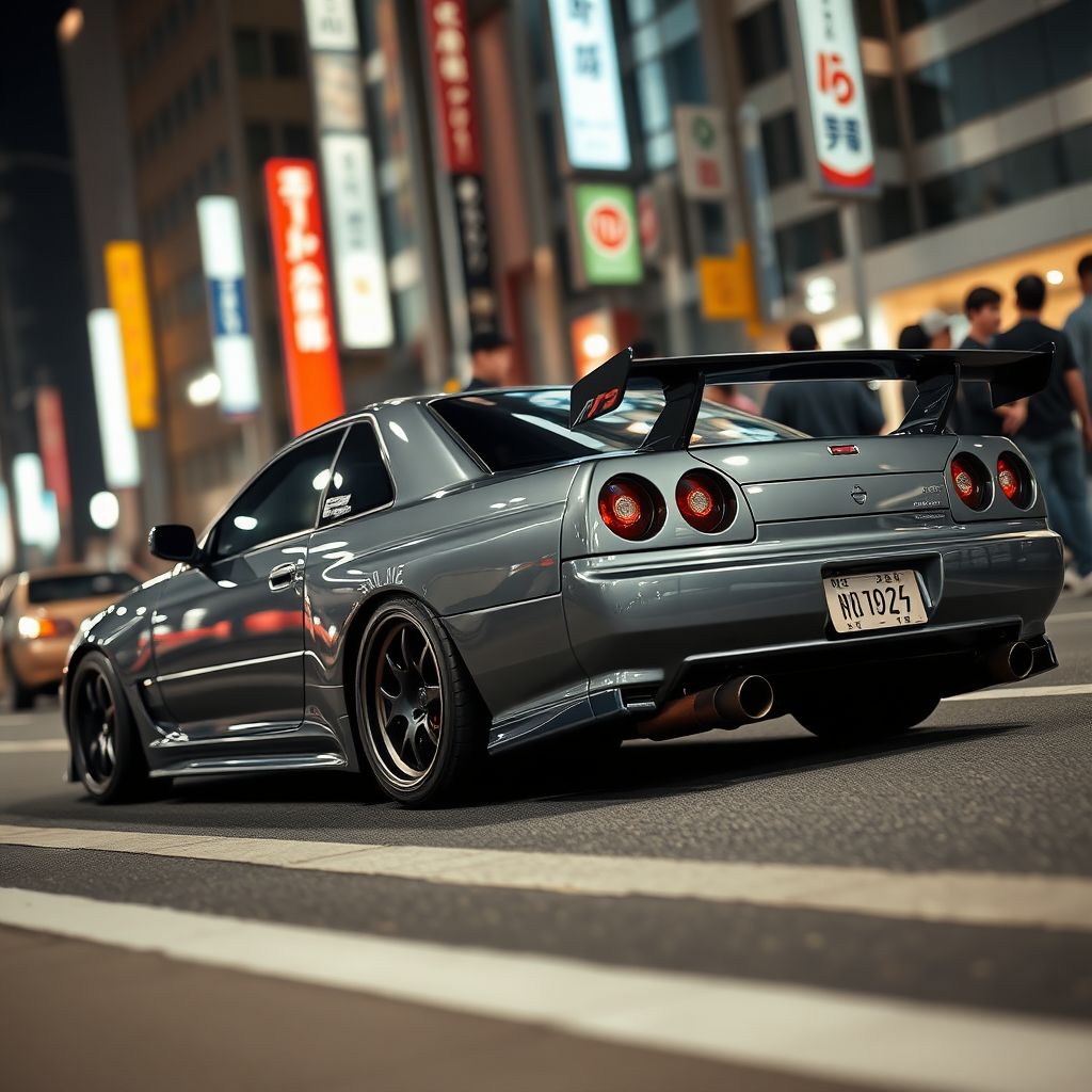 The car is parked on the side of the road, inspired by Taiyō Matsumoto, tumblr, restomod, nd4, c4 metallic shine gray black nissan skyline r34 crowded tokyo night background flawless details overall details.