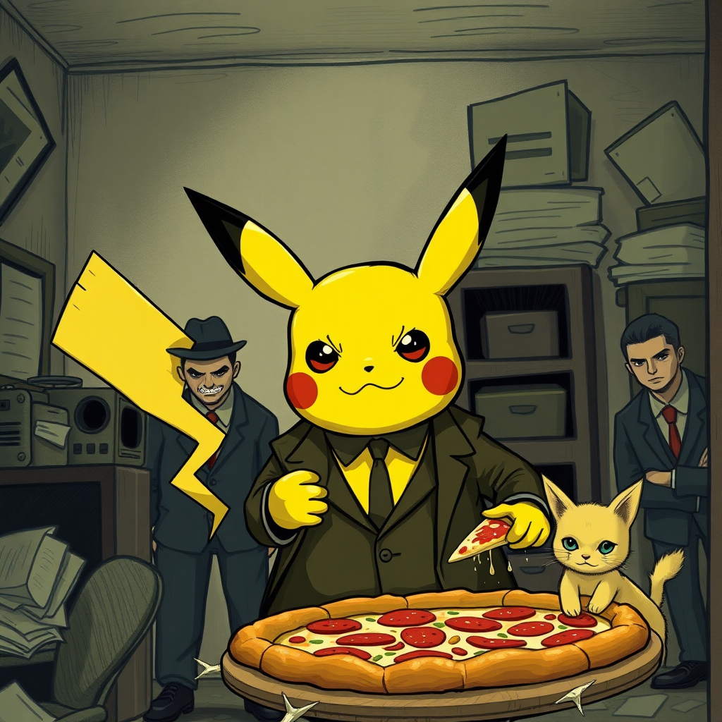 A well dressed handsome Pikachu demon delivering pizza to angry used car salesmen kittens in a decayed apartment