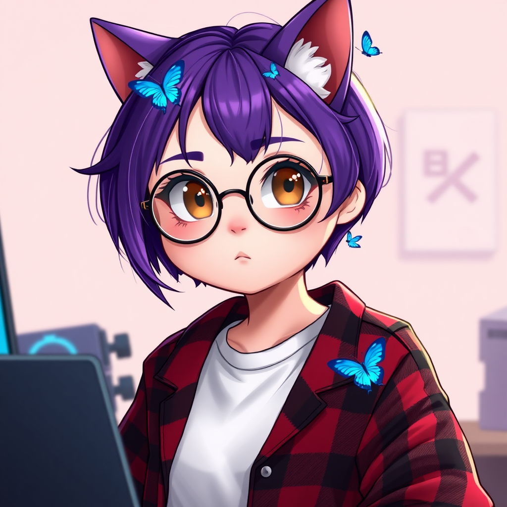 female cat-man without breast/flat chest serious chestnut color with little blue butterflies on the head, a round head, with a purple UNDERCUT hairstyle, hazel eyes, dimples on the cheeks, chubby cheeks, wearing semi-round glasses, a red and black checked open shirt over a white t-shirt, in front of a desk with a gaming PC, in digital art