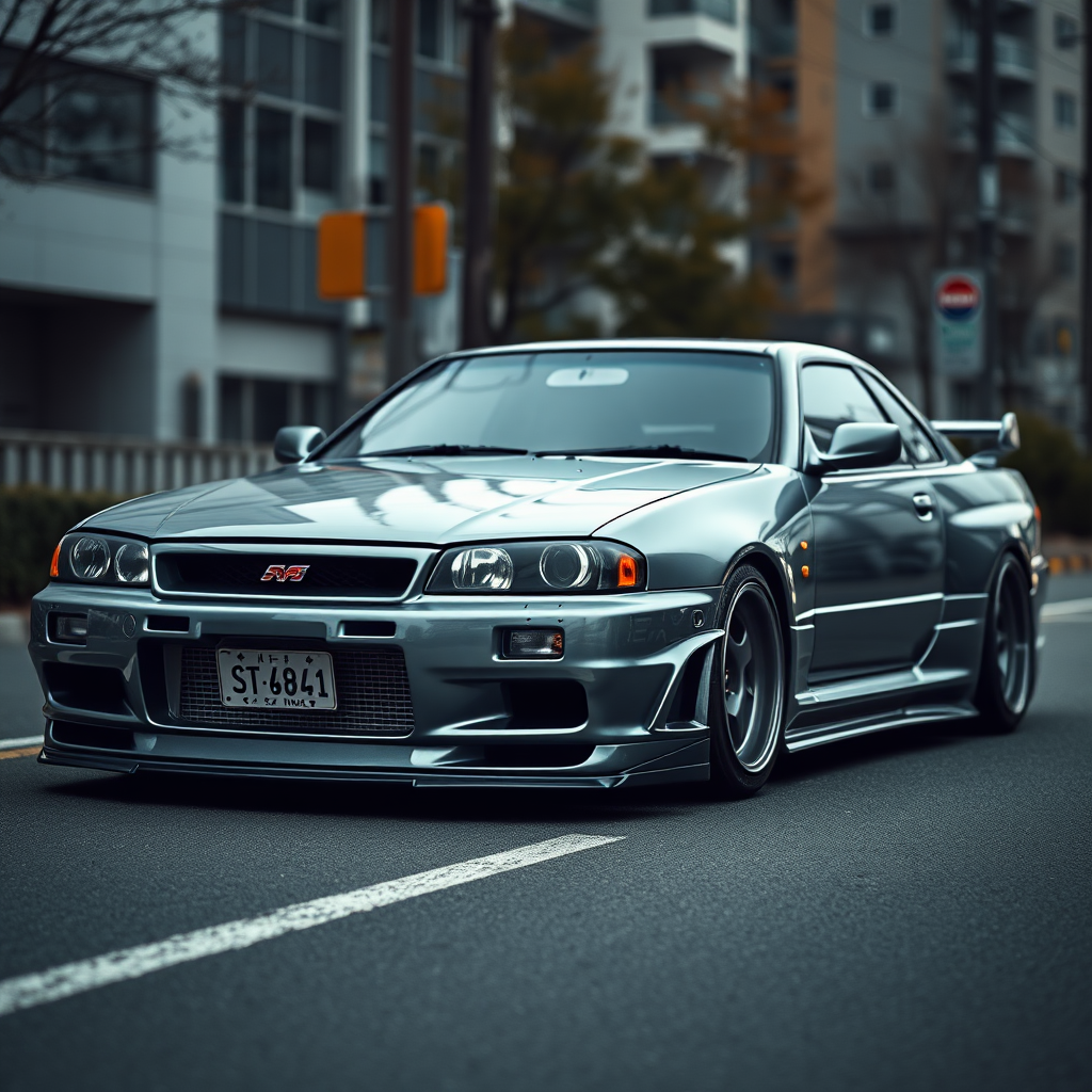 The car is parked on the side of the road, inspired by Taiyō Matsumoto, tumblr, restomod, nd4, c4 metallic shine gray black nissan skyline r34 tokyo arkaplan hatasız tam eksiksiz ayrıntılı genel gerçek detaylar en iyi fotoğraf poz sinematik hafif yağış su damlalar yansıma ıslak yol need for speed tarzı body kit