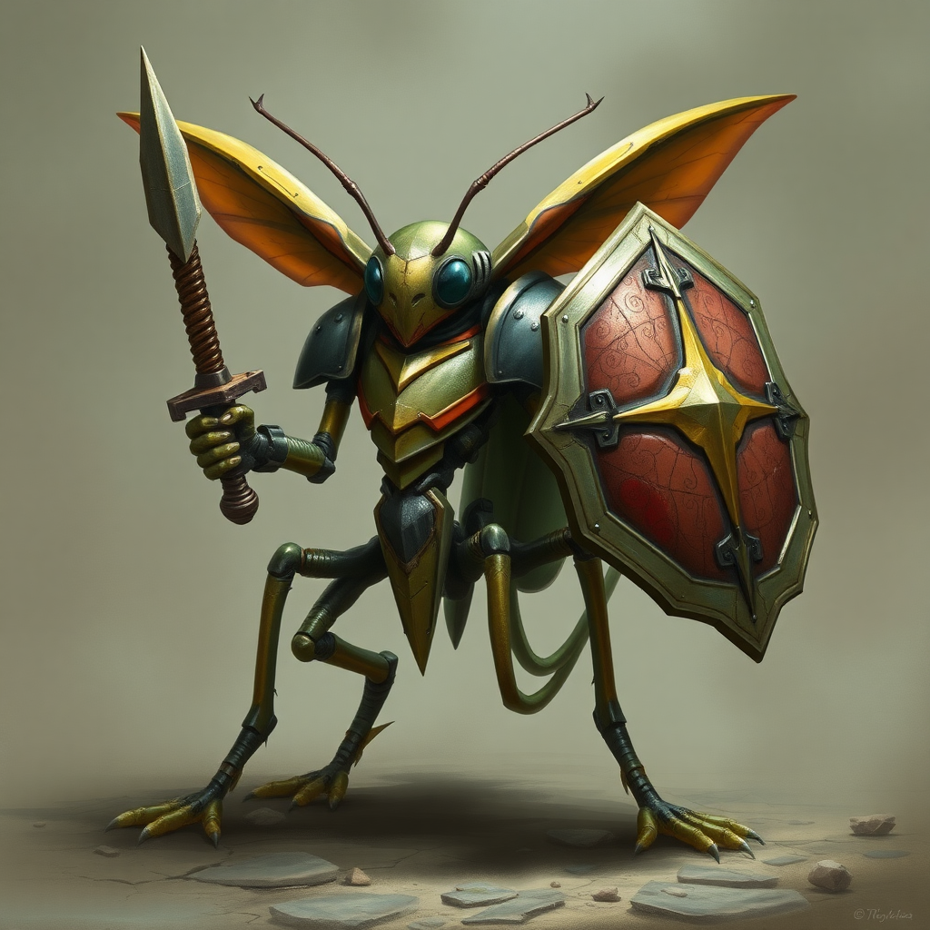 A bipedal insect alien, armored, sword and shield