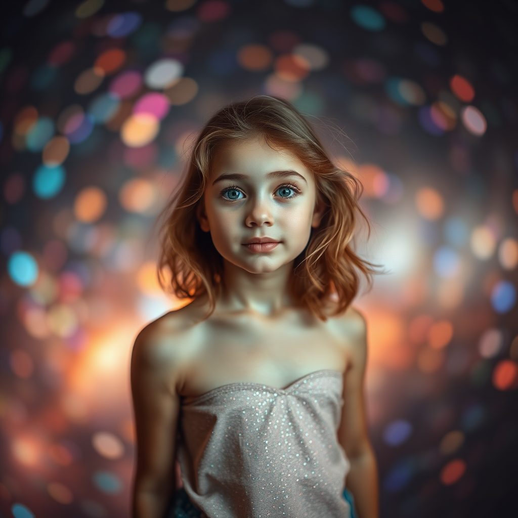 preteen girl in natural pose, full body shot, dreamscape, nebula, Bokeh, abstract, brilliant colors, glittering, translucent, iridescent, natural skin, glowing, artistic photo, wide angle, cute, interesting, microscopy, airy, original, experimental, refraction