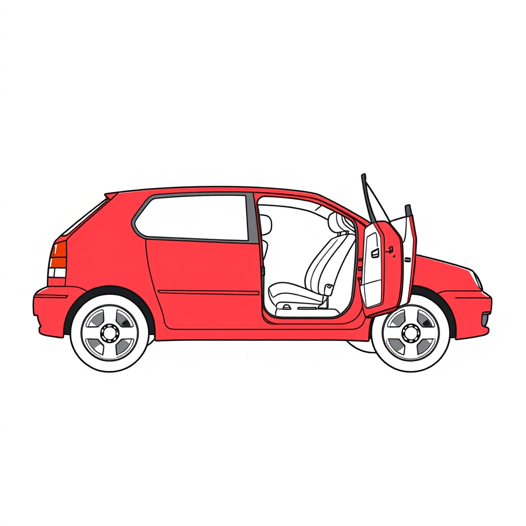 red vw polo II car, driver's door wide open, driving seat visible, long establishing shot, 2D, caricature, cartoon, Sketch lines, coloring book, coloring book style on white background, well composed, clean coloring book page, No dither, no gradient, strong outline, No fill, No solids, vector illustration, realistic proportions, blueprint, left side view