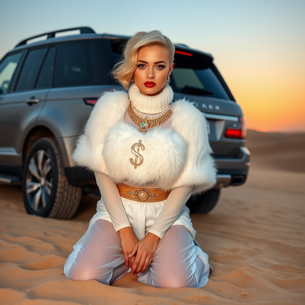 Kuwait desert dunes misty dawn, full size luxury SUV: Melissa, European 17 years old very convincing femboy “trophy-bimbo,” tamed servile docile, very beautiful feminine flawless face, rather short, by hormones very curvaceous womanly figured, platinum blond short tight curls, bold red lips, heavily made-up face, wearing Supertanya-style fluffy very fuzzy bright white angora turtleneck-poncho cropped ending under bust decorated with pearls and gemstones, striking oriental wide gold bridal protection belt, white fully transparent harem pants, full Oriental bridal jewelry, full Oriental face-jewelry, coin anklets, striking diamond “$$$” letter brooch on left chest, pout frustrated, hands tied behind back, kneeling in sand in front of SUV, looking at camera. Focus on face and turtleneck-poncho.