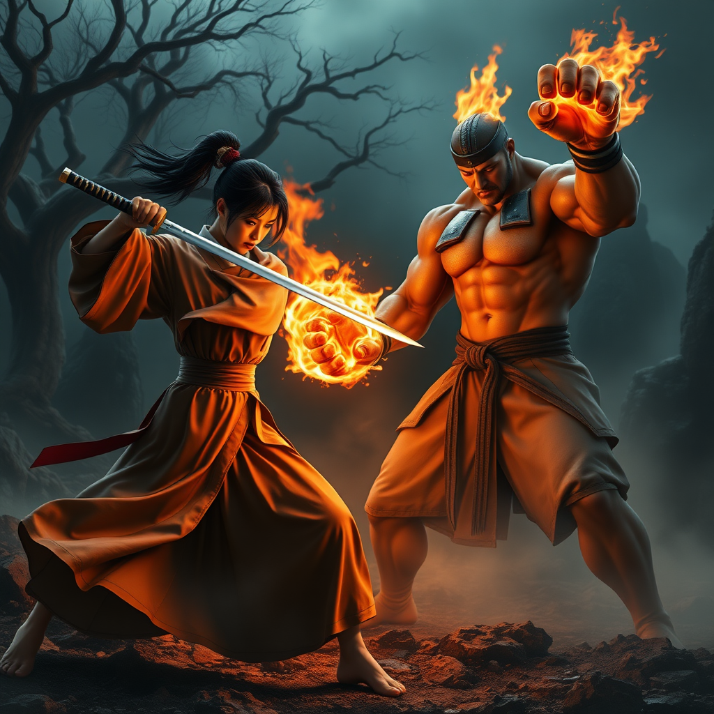 An intense action scene featuring Itami Cho, a young woman in a flowing kimono, wielding a katana with precision and grace. Her opponent, Flaming Fist, a large, muscular man with fists engulfed in flames, stands ready to strike. The setting is a shadowy, mist-covered battlefield with ancient trees and rocky terrain. The glow from Flaming Fist’s fiery hands illuminates the scene, casting flickering shadows. Itami Cho’s expression is calm and focused, while Flaming Fist’s fiery power creates an atmosphere of danger and raw energy. The mood is tense, highlighting the epic clash between sword and flame.