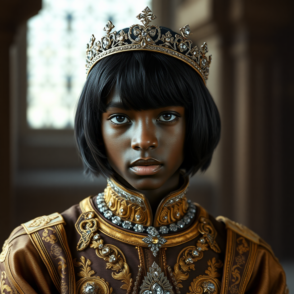 black older teen boy prince, long bob cut, embroidered with gold and diamonds medieval cloths, diamond diadem. photorealistic, ultra high resolution, 16K,