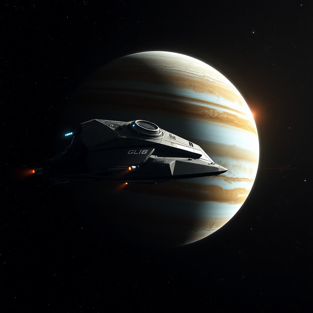 A cool-shaped spaceship is passing slowly on the periphery of Jupiter, the hull is shining with technological light, the surface texture of Jupiter is clearly visible, surrounded by the vast starry sky, sci-fi style, mysterious light, backlight, panoramic perspective.