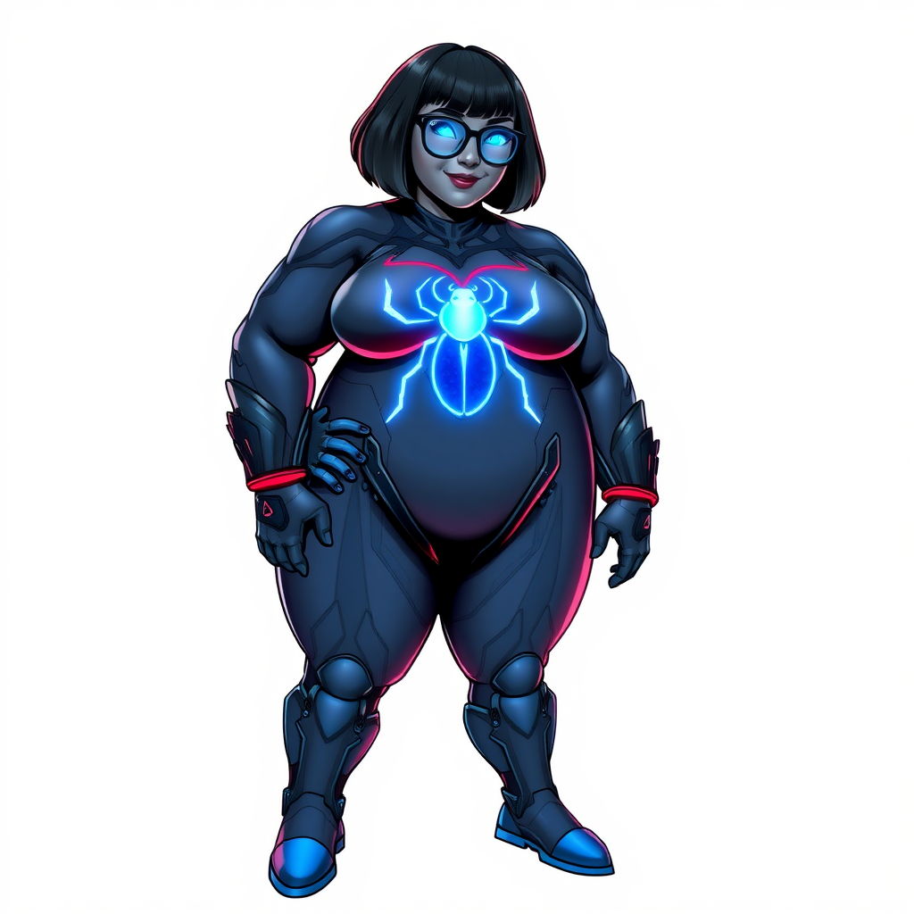 A heavily, extremely, and intensely pampered nerdy full-figured middle gray metallic skinned digital sidekick, a 28-year-old computer major, has been transformed by her doting vigilante boyfriend. Her metallic middle gray skin and bob cut seamlessly blend together simulating computer data, and her neon blue eyes glow with intelligence. Her physique, now showcasing a gargantuan round midsection, massive limbs, and broad shoulders, contrasted by a slim face, clearly reflects her indulgence and pampering. Her full figure is prominently highlighted, with her prominent, gargantuan, round midsection and massive limbs emphasizing her pampered sidekick status. As the loyal and supportive sidekick, she plays a crucial role in their missions, using her digital prowess to assist and protect.

She wears a digital maximum blue bodysuit, featuring a neon blue glowing beetle chest icon, digital maximum blue boots, and matching high-tech gloves. She bashfully giggles with a neon red blush, emitting neon blue data cubes from her body. Her full figure, heavily emphasized and fully shown, clearly shows how pampered she is. Her nerdiness is accentuated by her black oversized eyeglasses.

Her outfit, influenced by DC’s Jennifer Knight Phantom Lady, remains distinct. Adding to her pampering, she serves as his minicomputer, traveling in his high-tech wristwatch and supercar’s computer system. Using her ability to hack into computers and machines, she relays crucial knowledge relating to his missions.

Her prominent, gargantuan, rounded midsection and massive limbs are on full displayed, emphasizing her indulgence and pampering while maintaining her nerdy physique. She is on a solid white background. She is drawn as if she was in a retro 2D cyberpunk fighting game. Ensure her midsection is round. Ensure her is distinct.