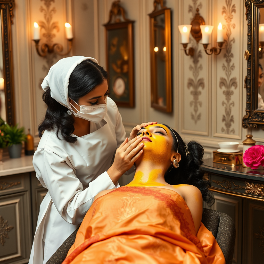 female french maids working in beauty parlour, giving turmeric facial to wealthy indian wife