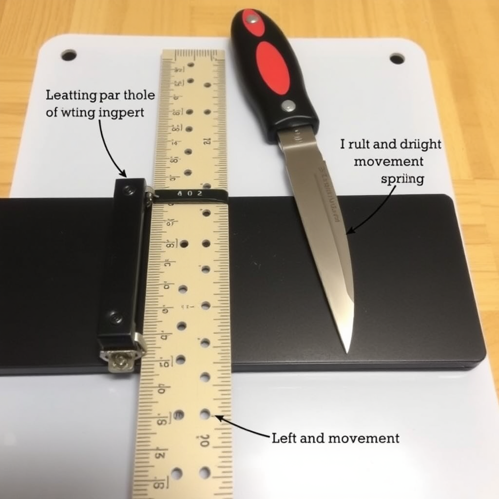 Plastic board and cutting mat: Secure the cutting mat on top of the plastic board to create a stable surface for cutting tasks.

Ruler with holes for a knife: Fix a ruler with thin holes that allow a knife to pass through (or a tool that acts as a slider) on the plastic board.

Left and right movement: Use a fastening device that allows the ruler to move left and right, enabling it to be positioned as desired during work.

Up and down movement using springs: Attach a spring to allow the ruler to move up and down, so it can be raised or lowered when needed. This facilitates easy movement of the ruler and the cutting tasks. Use a cutter knife for cutting.