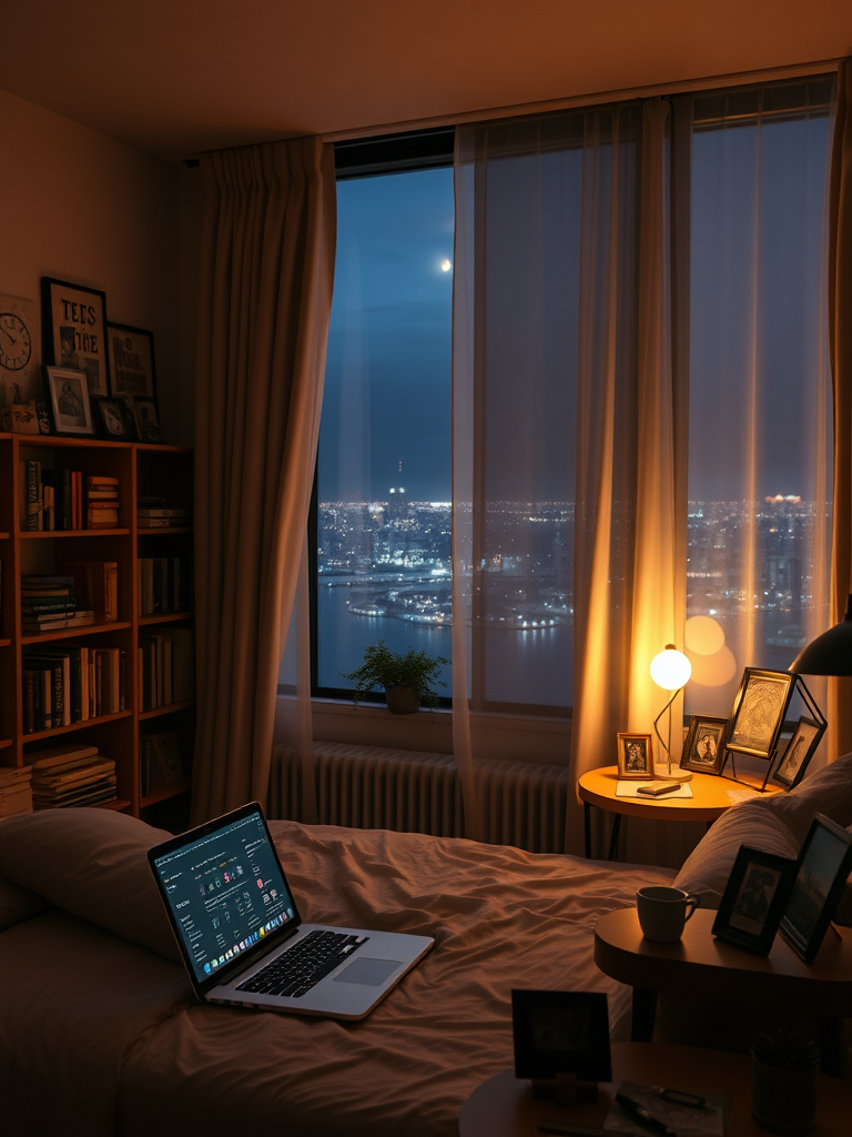 Scene description text: On a tranquil night, a large window lets in a sliver of city lights through heavy curtains, illuminating a room filled with the essence of life. There is a comfortable bed in the room, and on the bedside table sits an open laptop, its screen displaying an active workspace. Various decorations hang on the walls, while a bookshelf is filled with books, and a small table is scattered with various items like a cup, a pen holder, and picture frames. The entire room is rich in detail, with warm colors that reveal the personality and taste of the resident. Real, realistic, realistic style.