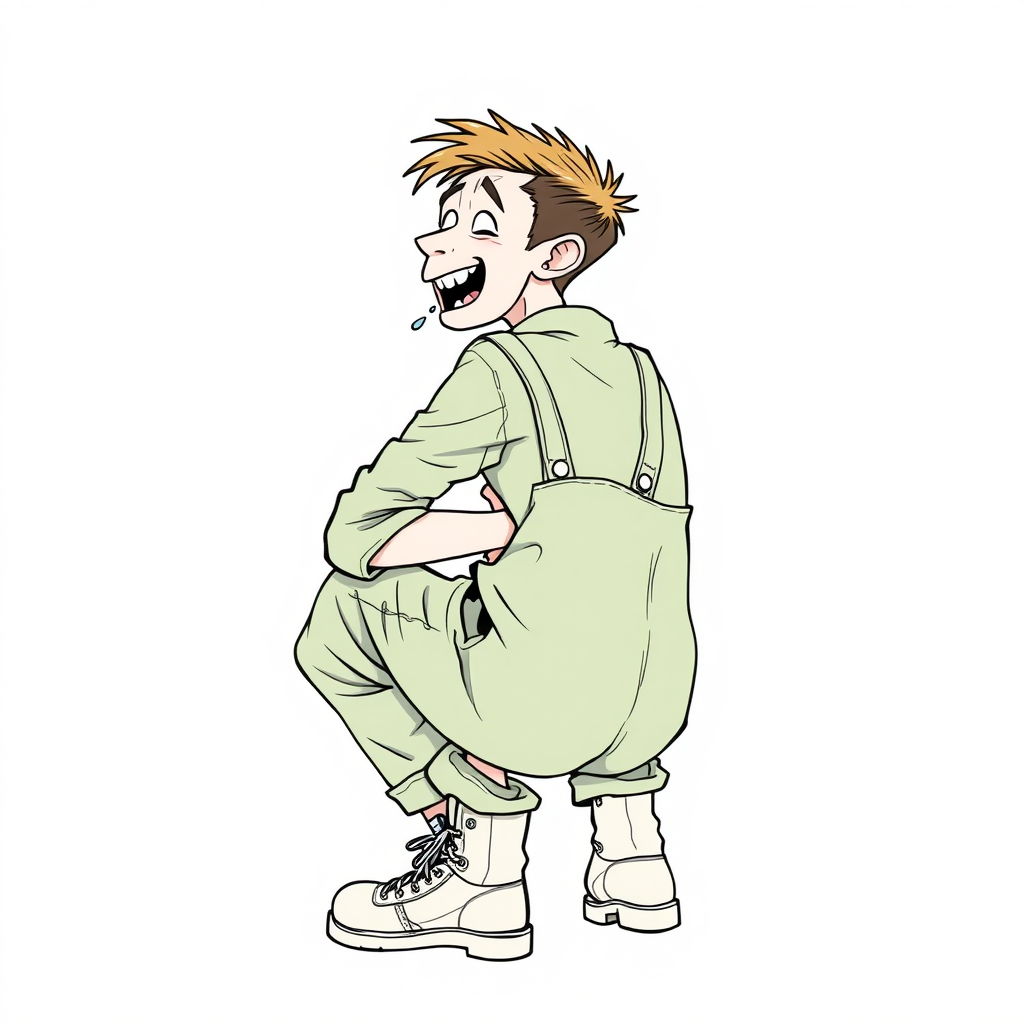 nervous small 15 year old european skinny man, long sleeves green rolled down coveralls, tense fabric, squatting, stunned, mesmerized, joyful, heavy drooling, side view, safety shoes, detailed feet, 2D, caricature, cartoon, Sketch lines, coloring book, coloring book, side rear view