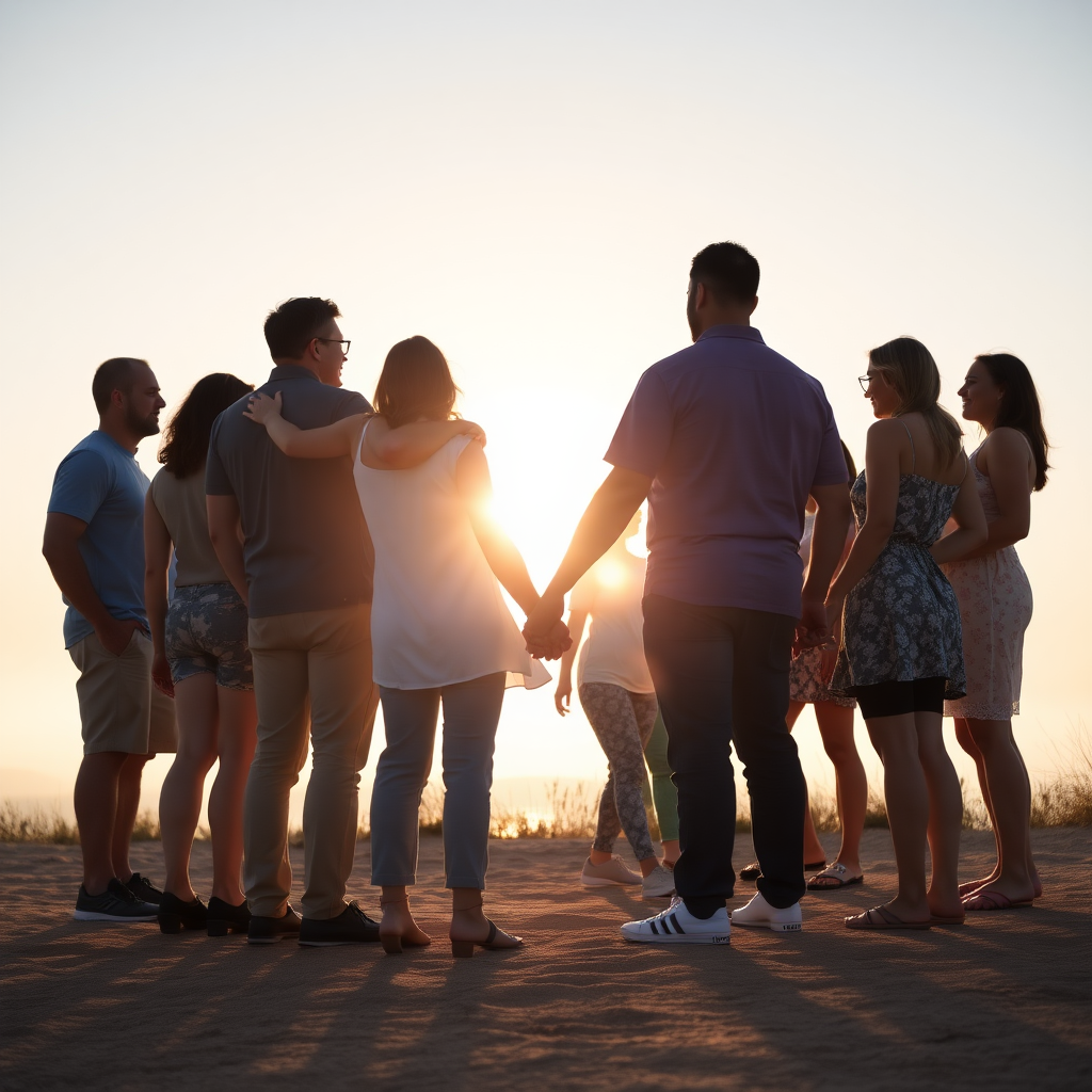 a group of men and women standing in a circle. they are holding hands. in the background there is the sun.