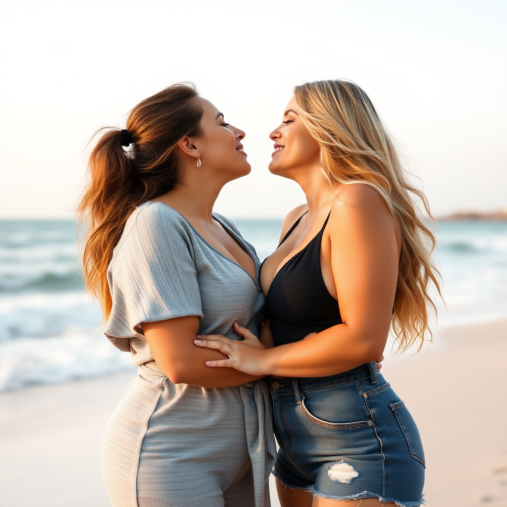 two attractive busty women kissing passionately at the beach