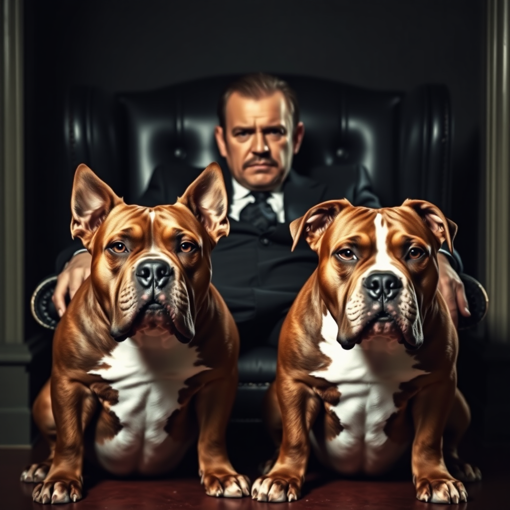 Two pit bulls are sitting at his feet. The mafia boss is glaring straight ahead. The mafia boss is sitting in a black, luxurious chair. The image has a dim atmosphere.