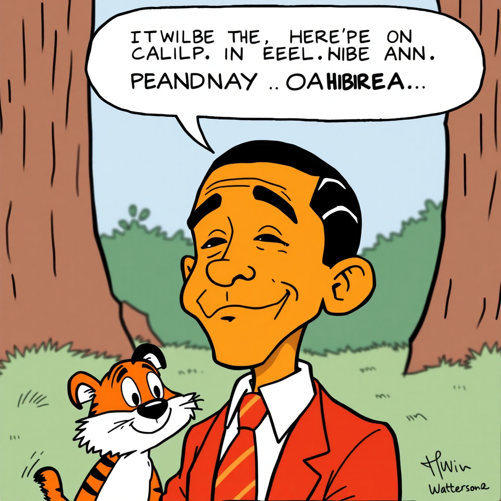 Create an illustration of president Obama in the style of Calvin and Hobbes comics by Bill Watterson, as if president Obama was part of a Calvin and Hobbes Sunday Comic featuring Hobbes.