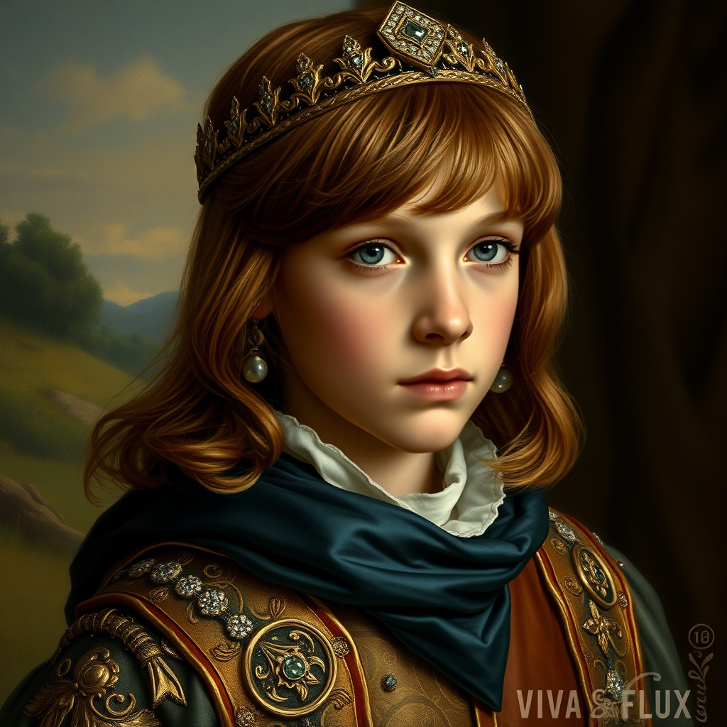 16yo teen boy prince, long bob cut, embroidered with gold and diamonds medieval cloths, diamond diadem, natural Skin Texture, and Beautiful War. Free style by 20% Adolphe William Bouguereau, Academic realism and 20% Sandro Botticelli, early Renaissance and 60% Otto Lomüller, Boy Scout photorealism. The background is in the style of landscape style by Antonio del Polaiolo, Generating the signature at the bottom: Viva FLUX and Bach, ultra high resolution, 16K,