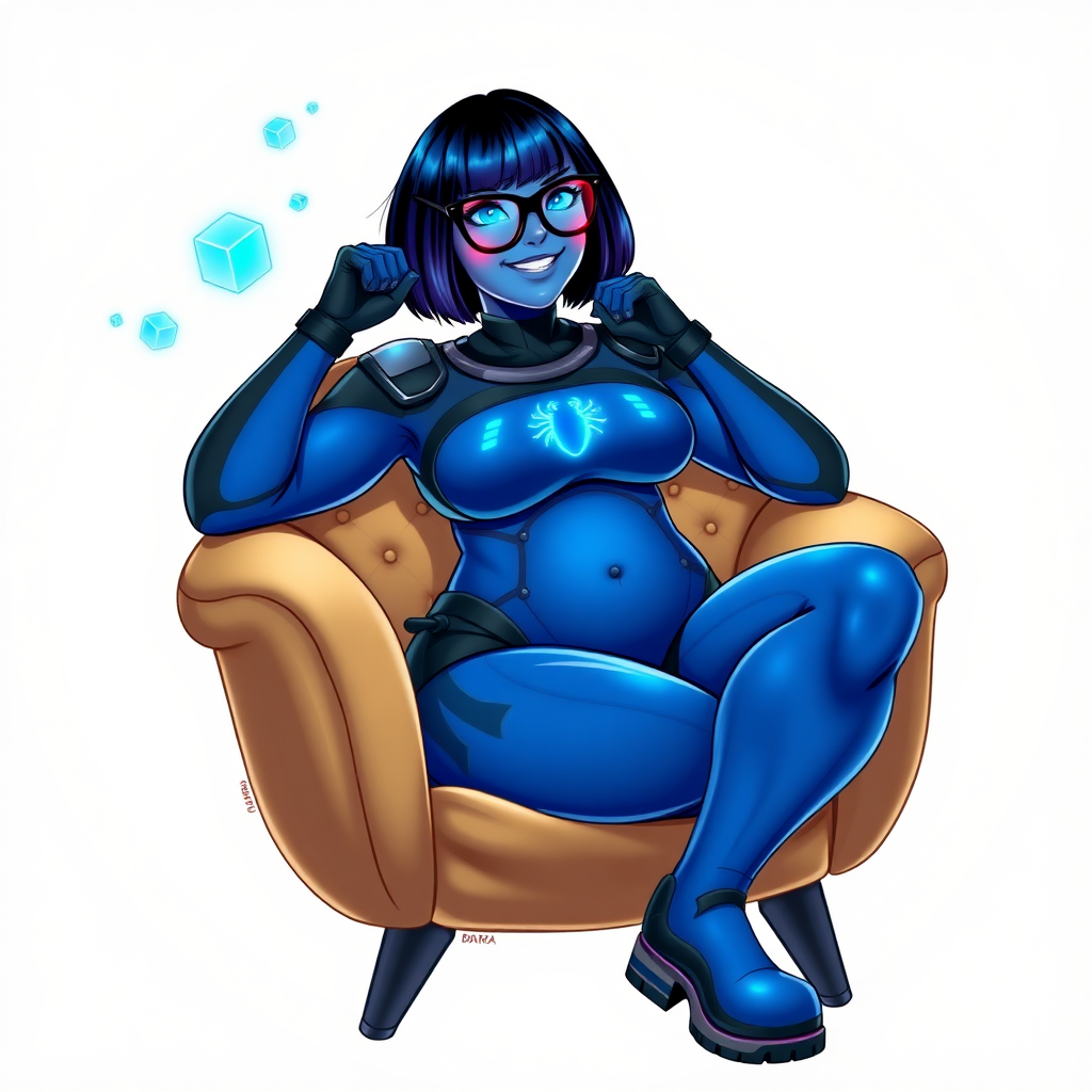 A heavily, extremely, and intensely pampered nerdy full-figured maximum blue-skinned digital sidekick, a 28-year-old computer major, has been transformed by her doting vigilante boyfriend. Her striking blue skin and bob cut seamlessly integrate with her data, and her neon blue eyes glow with intelligence. Her physique, now showcasing a gargantuan round midsection, massive limbs, and broad shoulders, contrasted by a slim face, clearly reflects her indulgence and pampering. Her full figure is prominently highlighted, with her gargantuan, rounded midsection and massive limbs emphasizing her pampered status. As the loyal and supportive sidekick, she plays a crucial role in their missions, using her digital prowess to assist and protect.

She wears a digital, computerized maximum blue bodysuit blending with her hair and skin, featuring a glowing neon blue beetle chest icon and matching high-tech gloves. She bashfully giggles with a neon red blush, emitting neon blue data cubes from her body. Her full figure, now even more plump and heavily emphasized by her nerdy appearance, clearly shows how pampered she is. Her nerdiness is accentuated by her black oversized eyeglasses.

Her outfit, influenced by DC’s Jennifer Knight Phantom Lady, remains distinct. Adding to her pampering, she serves as his minicomputer, traveling in his high-tech wristwatch and supercar’s computer system. Using her ability to hack into computers and machines, she relays crucial knowledge relating to his missions.

In her new pose, she sits comfortably on a plush, high-tech chair with one leg crossed over the other, her oversized glasses slightly askew as she adjusts them with a bashful smile. Her relaxed posture and content expression, combined with the glowing data cubes around her, clearly reflect her status as a heavily pampered, nerdy digital sidekick. Her gargantuan, rounded midsection and massive limbs are prominently displayed, emphasizing her indulgence and pampering while maintaining her nerdy physique. She is on a solid white background. She is drawn as if she was in a retro 2D cyberpunk fighting game.