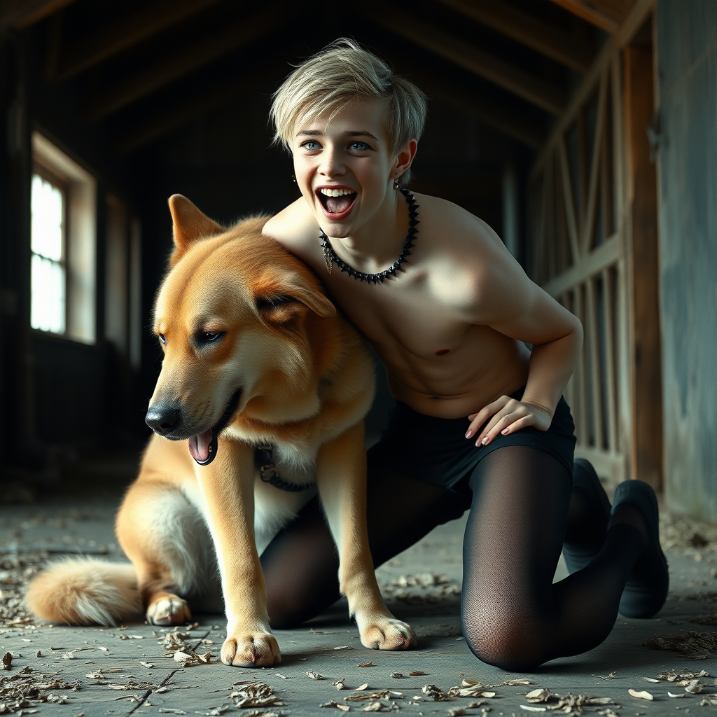 photorealistic, ultra high resolution, 16K, surreal fantasy, soft studio lighting, Caleb Swift is a pretty 16 year old goth male, slim male physique, blonde hair, blue eyes, goth makeup, earrings, sheer black pantyhose, spikey neck collar with chain, kneeling and leaning forward on the floor of the barn while his large dog rests its front legs on Caleb's back, during daytime, excited open mouth smile, small black ball-gag, drooling a stream of saliva from his mouth, bulging crotch, full body in wide view from side with Caleb facing the camera.