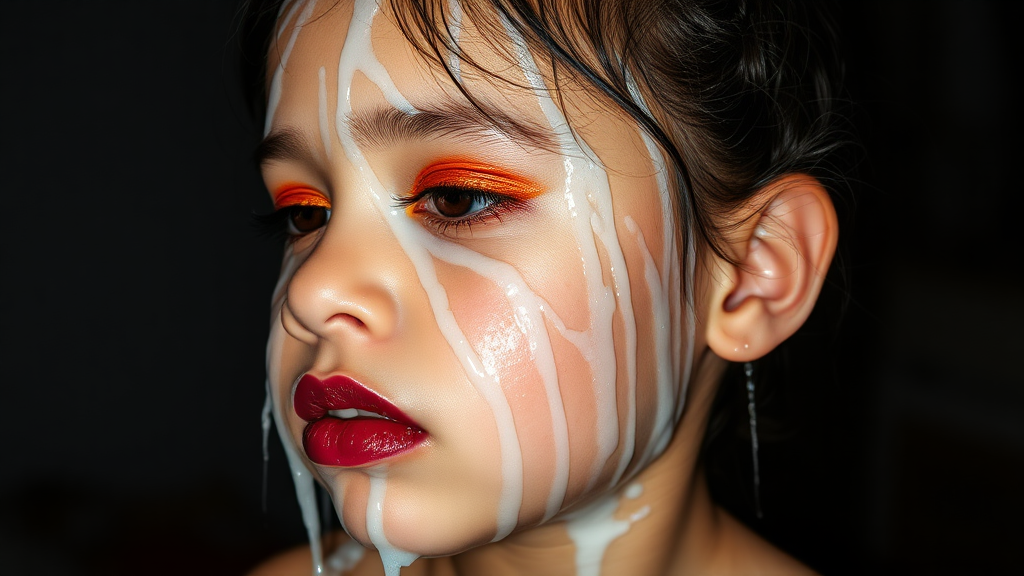 four-year-old-latina-female-child.  
She is wearing intense-orange-glitter-eyeshadow, thick-winged-eyeliner with very-dramatic-eyeliner-wings, and dark-burgundy-glossy-lipstick.  
Her face is covered with very thick random-angle streams of goopy, stringy, glistening, clear liquid with a white hue.  
Her lips are coated with the goopy liquid.  
She has stringy streams covering her eyes.  
She has stringy streams covering her mouth.  
She appears to have received a facial.  
Cum art.  
They dumped so much goopy liquid on her face.  
Full-body-image, dark motel room at night, amateur flash photography, up-angle-shot, profile view.