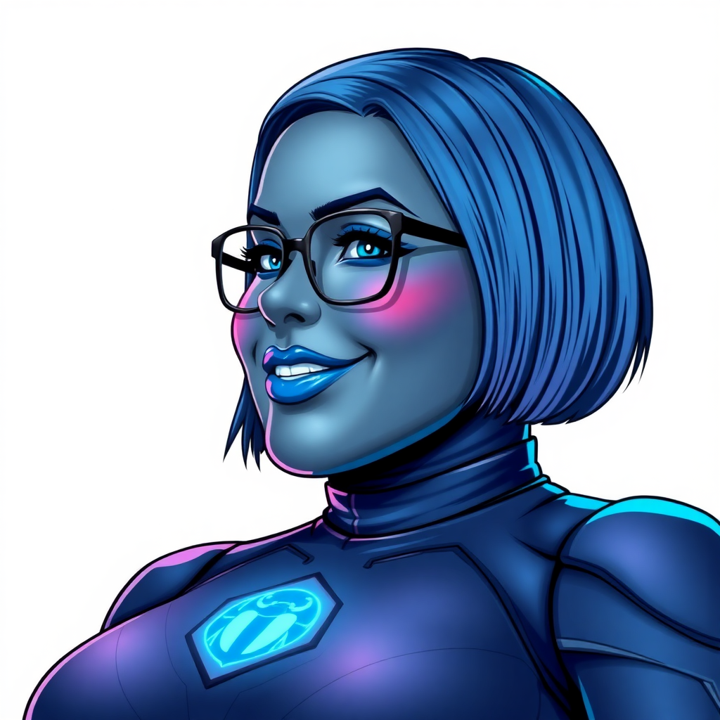 A 28-year-old, full-figured, middle gray metal skinned computer program-human hybrid with a maximum blue bob cut. She is the digital sidekick, computer hacker, and nerdy girlfriend of her cyberpunk vigilante boyfriend. Her middle gray metallic skin, distinct from any other character, highlights her digital nature. She wears maximum blue lipstick and has bright blue eyes. Her outfit includes an oversized digital maximum blue full bodysuit with a neon blue glowing chest icon of a beetle. Black eyeglasses accentuate her nerdiness, and she has a lovestruck smile with neon red blush. Her full figure, including a prominent, gargantuan, round midsection (with the full emphasis on her gargantuan belly), gigantic limbs, and broad shoulders, reflects the doting care of her vigilante boyfriend. The background is solid white. She is drawn as if she was in a retro 2D cyberpunk fighting game. Ensure her bodysuit covers all her bare skin (especially her round gargantuan belly). Her oversized bodysuit is influenced by DC's superheroine Jennifer Knight Phantom Lady but remains distinct.