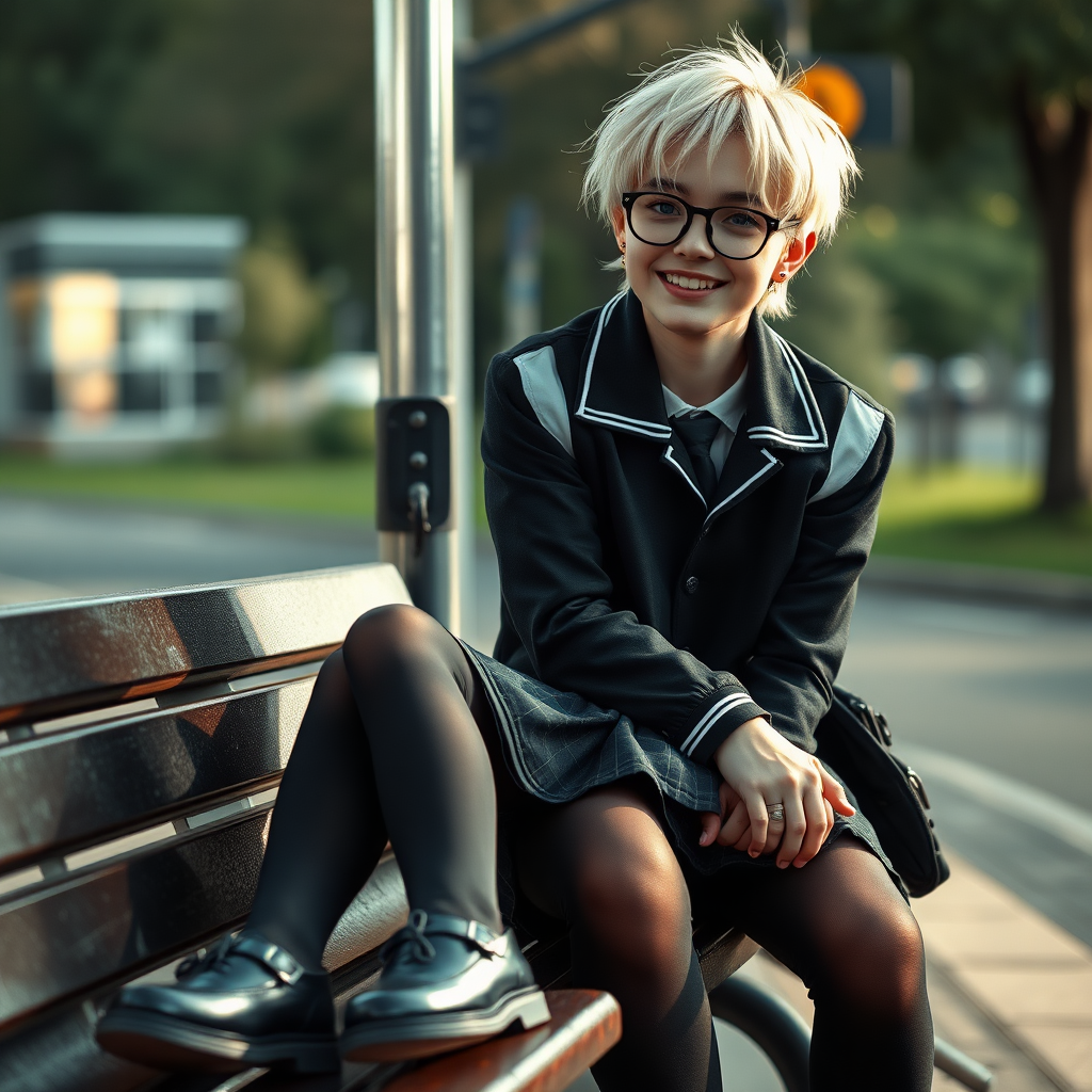 photorealistic, ultra high resolution, 16K, surreal fantasy, soft studio lighting, a pretty 18 year old goth male, slim male physique, short blonde hair, black glasses, goth makeup, earrings, shiny black pantyhose, UK girls-school uniform, Mary-Jane shoes, sitting on his boyfriend's lap on a bench waiting for the school bus, in daylight, excited smile, facing the camera.