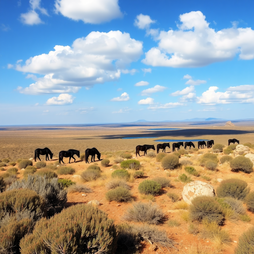 Long plateau with its dark wild ponies, Mediterranean vegetation with cistus, myrtle, oaks, junipers, with small lakes and large rocks and blue sky with white clouds.