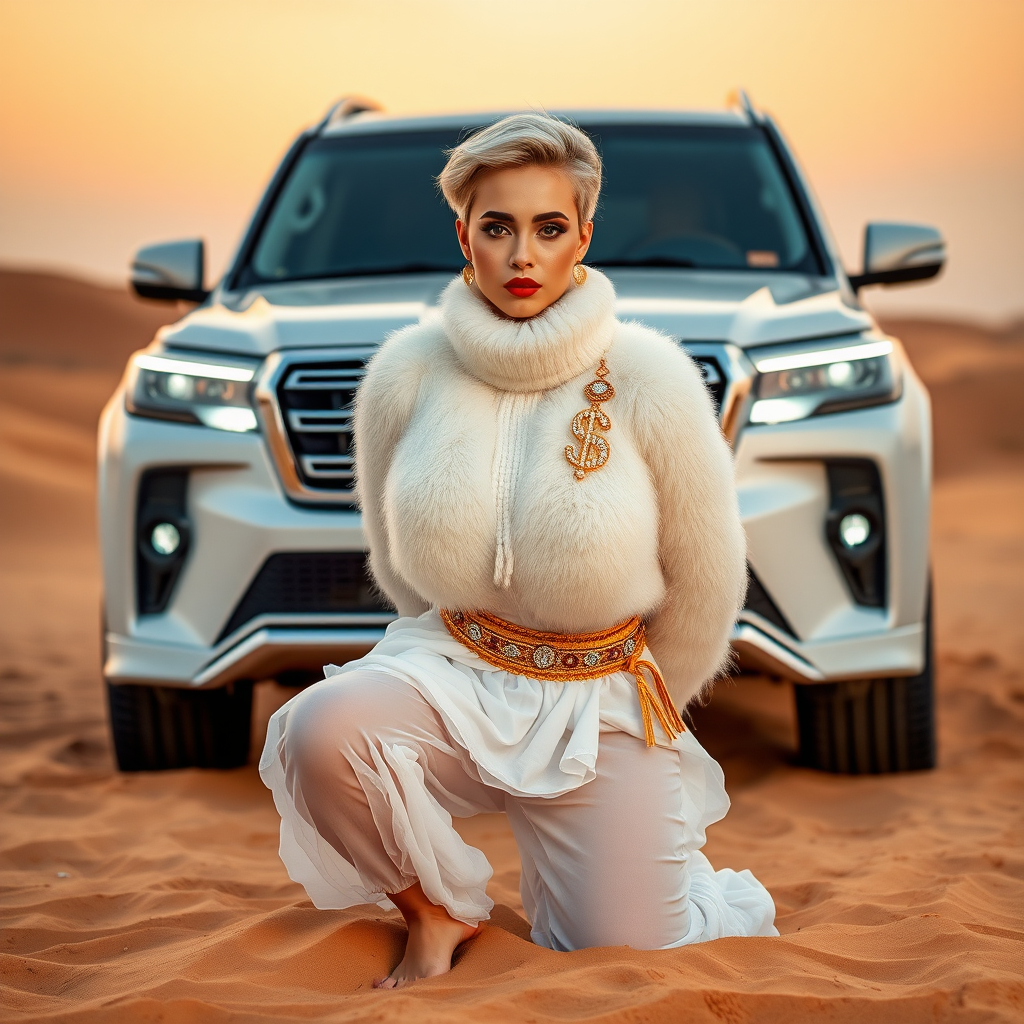 Kuwait desert dunes misty dawn, full size luxury SUV: Melissa, European 17 years old very convincing femboy “trophy-bimbo”, tamed servile docile, very beautiful feminine flawless face, rather short, by hormones very curvaceous womanly figured, platinum blond short tight curls, bold red lips, heavily made-up face, wearing Supertanya-style fluffy very fuzzy bright white angora turtleneck-poncho cropped ending under bust decorated with pearls and gemstones, striking oriental wide gold bridal protection belt, white fully transparent harem pants, full Oriental bridal jewelry including headpiece, nose-ring, coin anklets, striking diamond “$$$” letter brooch on left chest, pout frustrated, hands tied behind back, kneeling in sand in front of SUV, looking at camera. Focus on face and turtleneck-poncho.