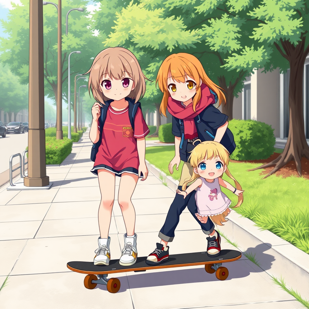 Two anime sisters, one a teen with light brown hair and hazel eyes and the other a smaller kid with blonde hair and blue eyes, playing with a skateboard on a sidewalk.