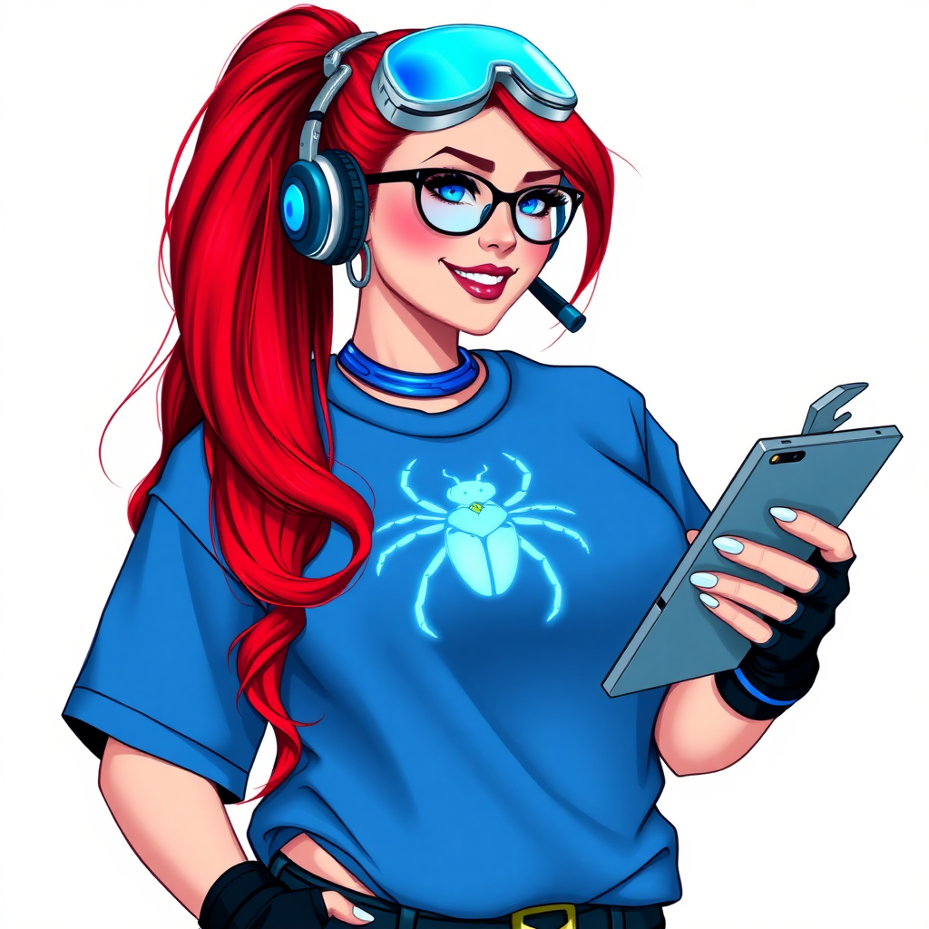 An intelligent and tech-savvy 28-year-old computer hacker and tech genius. She has a long ruby red ponytail. She wears maximum blue lipstick, blue eyes, a sapphire beetle gemstone necklace, sapphire earrings, black eyeglasses, hi-tech power gloves, and an oversized maximum blue t-shirt featuring a neon blue glowing beetle chest icon. She has a gargantuan full-figured physique with a prominent round gargantuan midsection, reflecting her well-cared-for lifestyle. She sports a sapphire headset with a hi-tech maximum turquoise lensed HUD, and a beaming smile accentuated by a passionate neon red blush. She serves as his tech expert from his hideout, holding a futuristic tool wrench and a futuristic digital tablet. The background is solid white. She is drawn as if she was in a retro 2D cyberpunk fighting game.