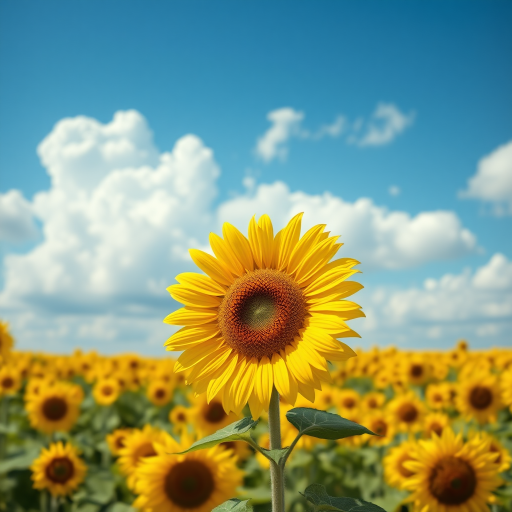 A vibrant field of sunflowers under a bright blue sky with fluffy white clouds. The scene is infused with a sense of warmth and cheer, showcasing a hyperrealistic aesthetic. In the foreground, a large sunflower stands tall, displaying its bold, sunny yellow petals radiating outward, while the intricate details of its brown seed center are highlighted. The background is filled with countless sunflowers, creating a sense of depth and continuity, their bright yellow colors contrasting against the deep green foliage and stems. Soft light enhances the saturation of the colors, and a gentle breeze sways the flowers slightly, adding a dynamic element to the serene landscape.