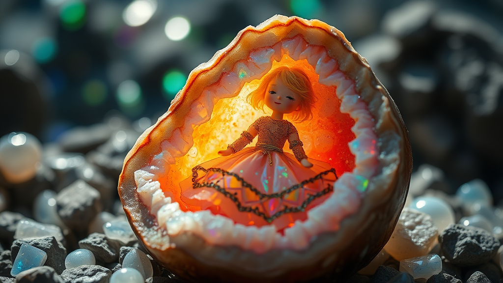 doll made from opal, high quality photo, intricate environment, ultra-detailed, impressionistic, dynamic composition, artistic photograph, geode, alabaster, fractal, brilliant colors, glittering, sunlight, illumination, transparency, translucent, opal