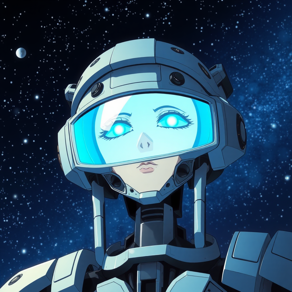 An anime portrait of an anime sentient machine. Think Space Odyssey.